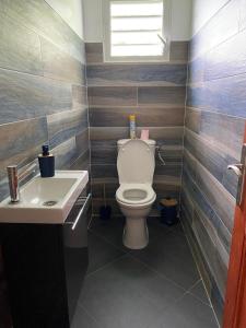 a bathroom with a toilet and a sink at Villa NKJ'S in Deshaies +4 photos