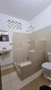y baño con ducha, aseo y lavamanos. en Casa Maria Fernanda en Playa del Carmen