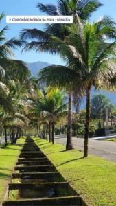 a row of palm trees on a sidewalk with a road at Sobrado moderno, piscina privativa, condomínio Morada da Praia! in Bertioga