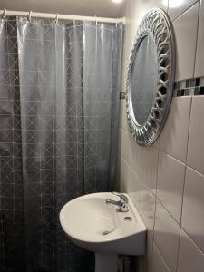 La salle de bains est pourvue d'un lavabo, d'un miroir et d'une douche. dans l'établissement Departamentos centricos El Bolson, à El Bolsón