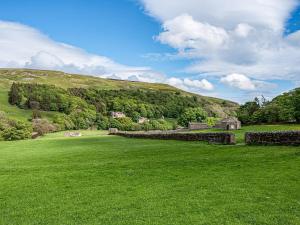 un campo verde con una pared de piedra frente a una colina en 5 Swallowholm Cottages, en Richmond