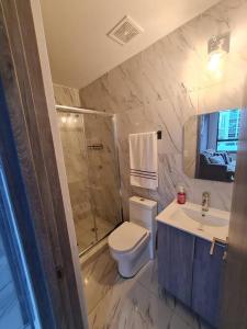 uma casa de banho com um WC, um chuveiro e um lavatório. em Espectacular apartamento en calle 50 na Cidade do Panamá