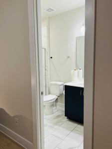 a bathroom with a toilet and a sink at Charlotte Comfort Haven in Charlotte
