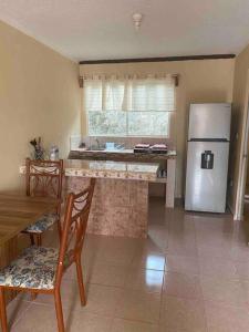 een keuken met een koelkast en een tafel en stoelen bij Departamento en Pomoca in Palenque