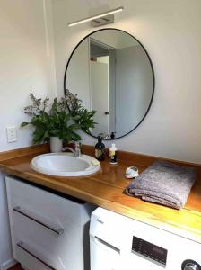 a bathroom with a sink and a mirror at Paradise on the Hill ~ Tuateawa 