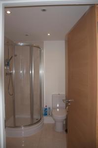 een badkamer met een douche en een toilet bij Watford Gemini Hurst in Watford
