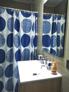 uma casa de banho com um lavatório e uma cortina de chuveiro azul e branco em Moderno departamento cercano al centro de Pucón em Pucón