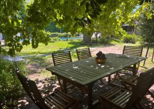 - une table de pique-nique verte avec 4 chaises sous un arbre dans l'établissement Casa Quinta Tigre Benavidez, à Benavídez