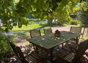 una mesa de picnic verde con cuatro sillas bajo un árbol en Casa Quinta Tigre Benavidez en Benavídez