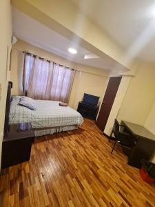 ein Schlafzimmer mit einem Bett, einem Schreibtisch und einem Klavier in der Unterkunft Lhamourai Living Apartments in La Paz