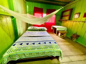 Ce lit se trouve dans une chambre verte dotée d'une moustiquaire. dans l'établissement Maloca Barü, à Macedonia