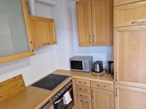 a small kitchen with a stove and a microwave at Capital Apartments in Düren - Eifel