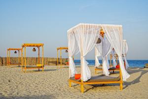 a group of beds on a sandy beach at Al-Rahal Desert Camp in Mesaieed