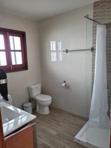 a white bathroom with a toilet and a shower at Lago Verde Suite 25 in Puerto del Carmen