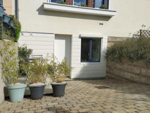 ein Haus mit drei Topfpflanzen davor in der Unterkunft Appartement proche gare et centre-ville d'Amiens in Rivery
