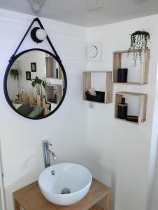 ein Bad mit einem Waschbecken und einem Wandspiegel in der Unterkunft Appartement proche gare et centre-ville d'Amiens in Rivery