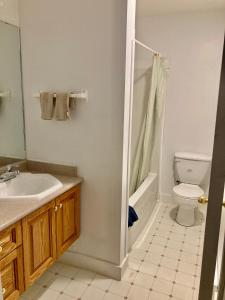y baño con lavabo, aseo y ducha. en Motel 99, en Grand Forks