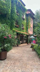 a building covered in ivy with flowers and plants at Oleander House and Tennis Club in Sunny Beach