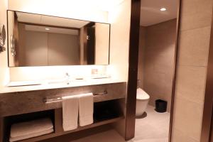 首爾的住宿－明洞PJ酒店，一间带水槽、镜子和卫生间的浴室