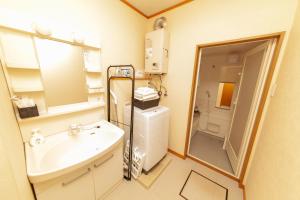 a bathroom with a sink and a toilet and a mirror at Restful Tsukuda in Aomori