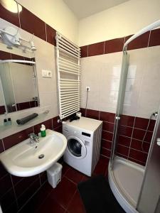 een badkamer met een wastafel en een wasmachine bij Garay Utca - Unit A52 in Boedapest