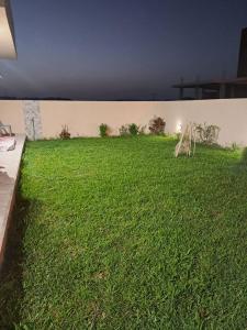 a yard of green grass next to a wall at dari darkom in Kerkouene