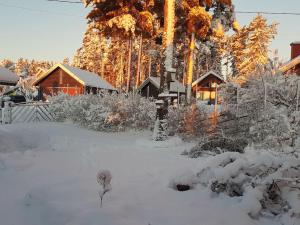 um quintal coberto de neve com uma casa e árvores em Trevligt gästhus nära Vänern och badplats em Hammarö