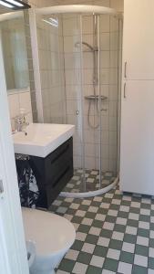 uma casa de banho com um chuveiro, um lavatório e um WC. em Trevligt gästhus nära Vänern och badplats em Hammarö