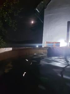 Una piscina de agua por la noche con patos. en Casa Sufletului en Avram Iancu