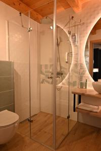 een badkamer met een douche, een toilet en een wastafel bij Ferjančič estate rooms in Ajdovščina