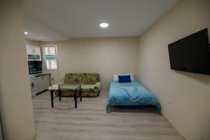 a living room with a couch and a tv in it at Rose's Apartment in Prilep