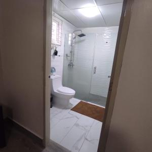 a bathroom with a toilet and a shower in it at Súper apartamento con piscina in Santiago de los Caballeros
