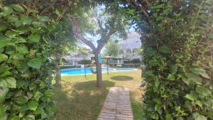 a garden with a pathway leading to a swimming pool at Bungalow sol y playa in El Campello