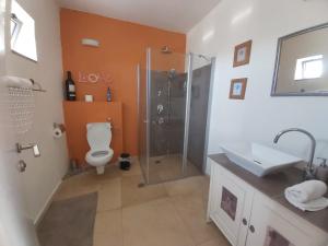 ein Bad mit einer Dusche, einem WC und einem Waschbecken in der Unterkunft Artists Colony Inn Zefat in Safed
