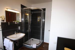 a bathroom with a shower and a sink at Stadthotel Kleiner Berg in Friedrichshafen