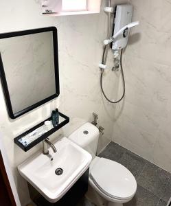 a bathroom with a white toilet and a sink at Blue Cabins By Pfordten Cottage in Cameron Highlands