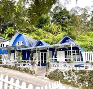 a blue house with a white fence in front of it at Blue Cabins By Pfordten Cottage in Cameron Highlands