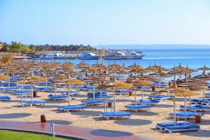 a bunch of chairs and umbrellas on a beach at Pickalbatros White Beach Resort - Hurghada in Hurghada