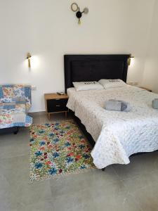um quarto com uma cama e uma cadeira num tapete em זוהר במדבר ים המלח em Neve Zohar
