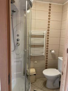 a bathroom with a shower and a toilet at Kurėnų Užeigos Svečių Namai in Kurėnai
