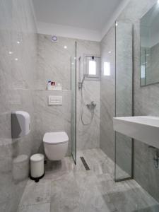 a bathroom with a shower and a toilet and a sink at Vironas Hotel in Himare
