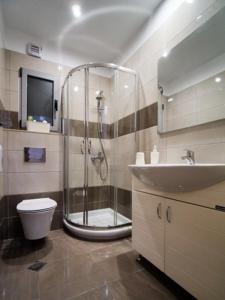a bathroom with a shower and a toilet and a sink at Vironas Hotel in Himare