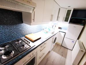 uma cozinha com um fogão e uma bancada em 2-level apartment em Aberdeen