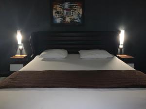 1 dormitorio con 1 cama con 2 almohadas y 2 lámparas en Wisma Madagaskar Palangka Raya en Palangkaraya