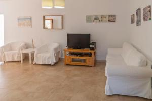 a living room with a couch and a tv at Es Lliri Blanc in Cala Saona