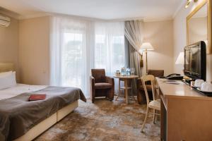 Pokój hotelowy z łóżkiem i biurkiem w obiekcie Kyivska Russ Resort Medical&Spa w mieście Schodnica