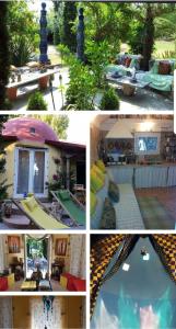 a collage of photos of a house and a pool at Home & Gardens 2-Bed Villa in Sevasti Katerini in Katerini