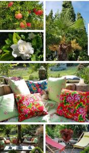 a collage of pictures of pillows and flowers at Home & Gardens 2-Bed Villa in Sevasti Katerini in Katerini