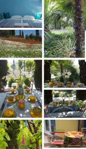 a collage of pictures of a table with food on it at Home & Gardens 2-Bed Villa in Sevasti Katerini in Katerini