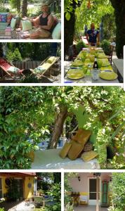 a collage of four pictures of a picnic table at Home & Gardens 2-Bed Villa in Sevasti Katerini in Katerini